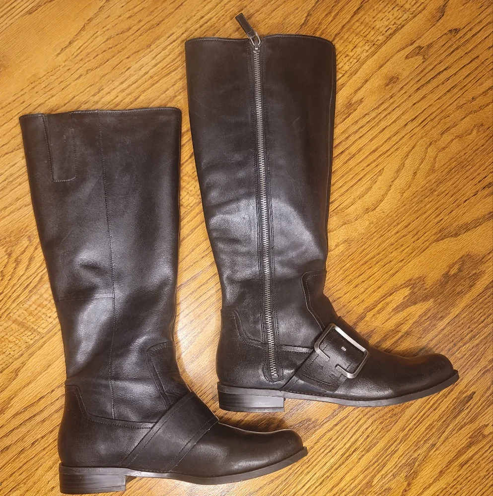 Nine West Black Genuine Leather Buckle Moto Tall Zip Riding Boots